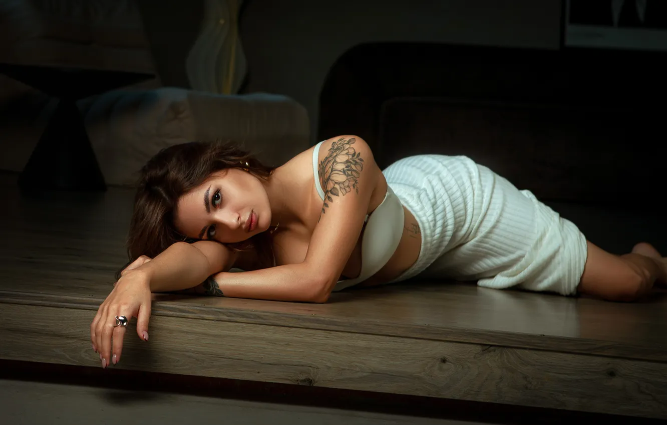 Photo wallpaper look, girl, pose, skirt, hands, tattoo, bra, on the floor