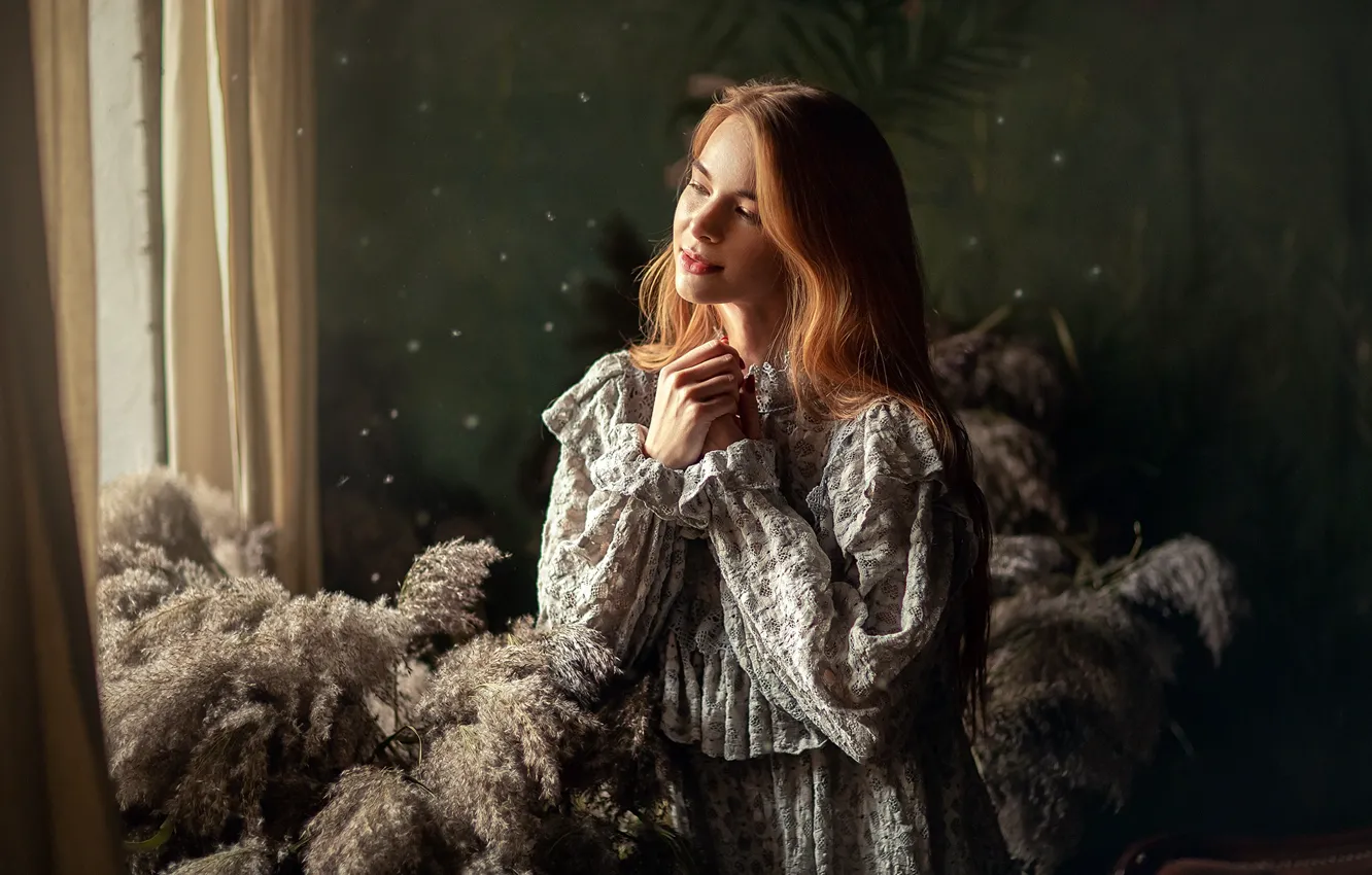 Photo wallpaper girl, dress, window, brown hair, curtains, Anastasia Barmina, Anastasia Barmina