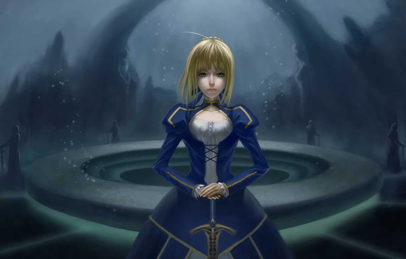 Photo wallpaper girl, table, sword, art, arch, hall, Fate Stay Night, saber