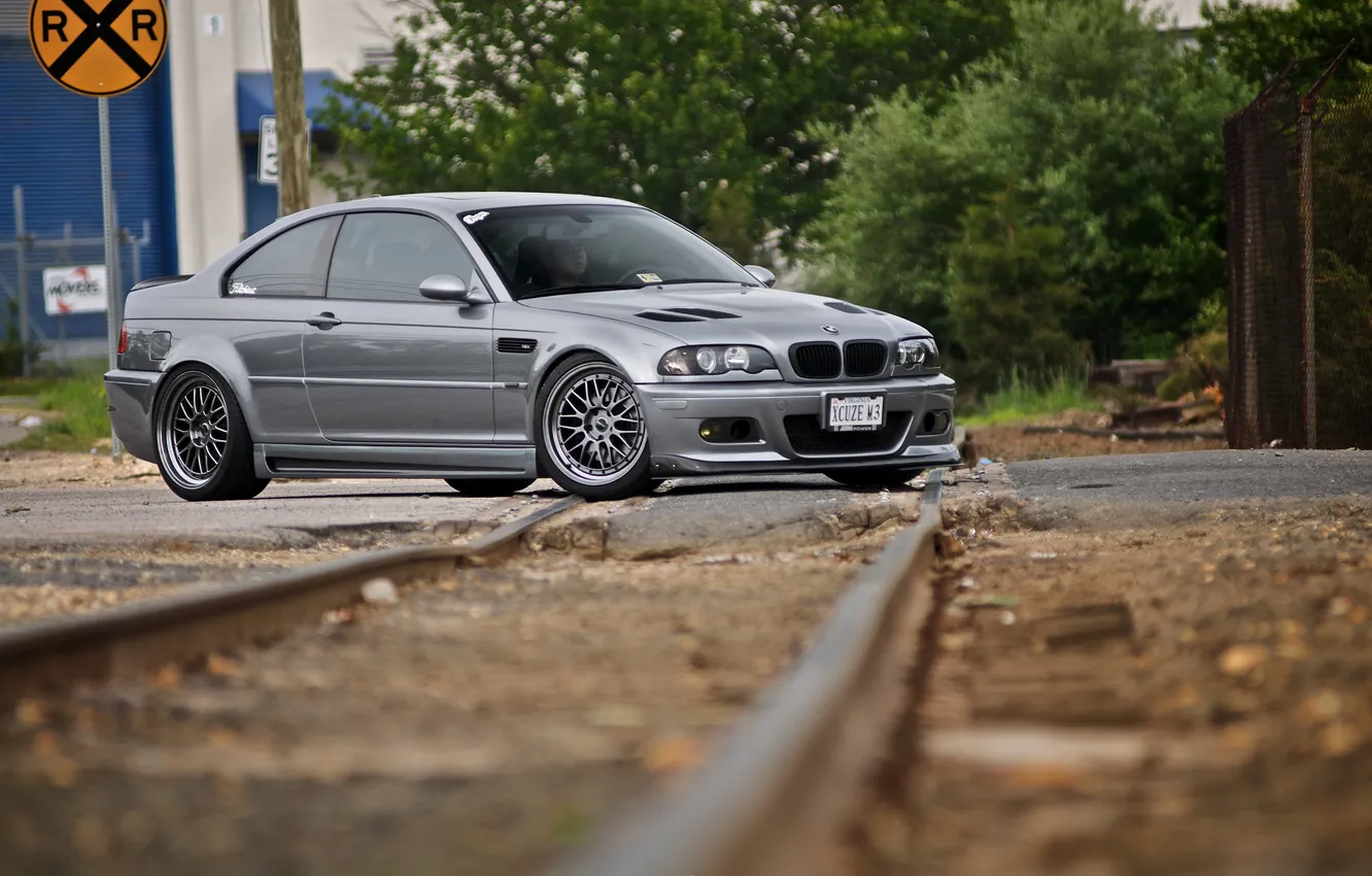 Photo wallpaper trees, sign, BMW, silver, BMW, railroad, side view, E46