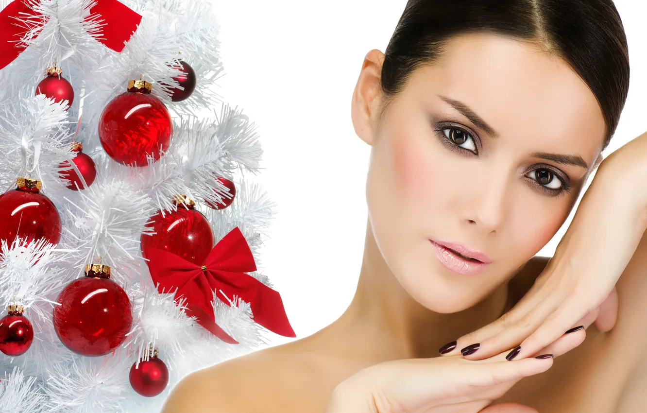 Photo wallpaper look, girl, balls, face, hair, tree, makeup, hairstyle