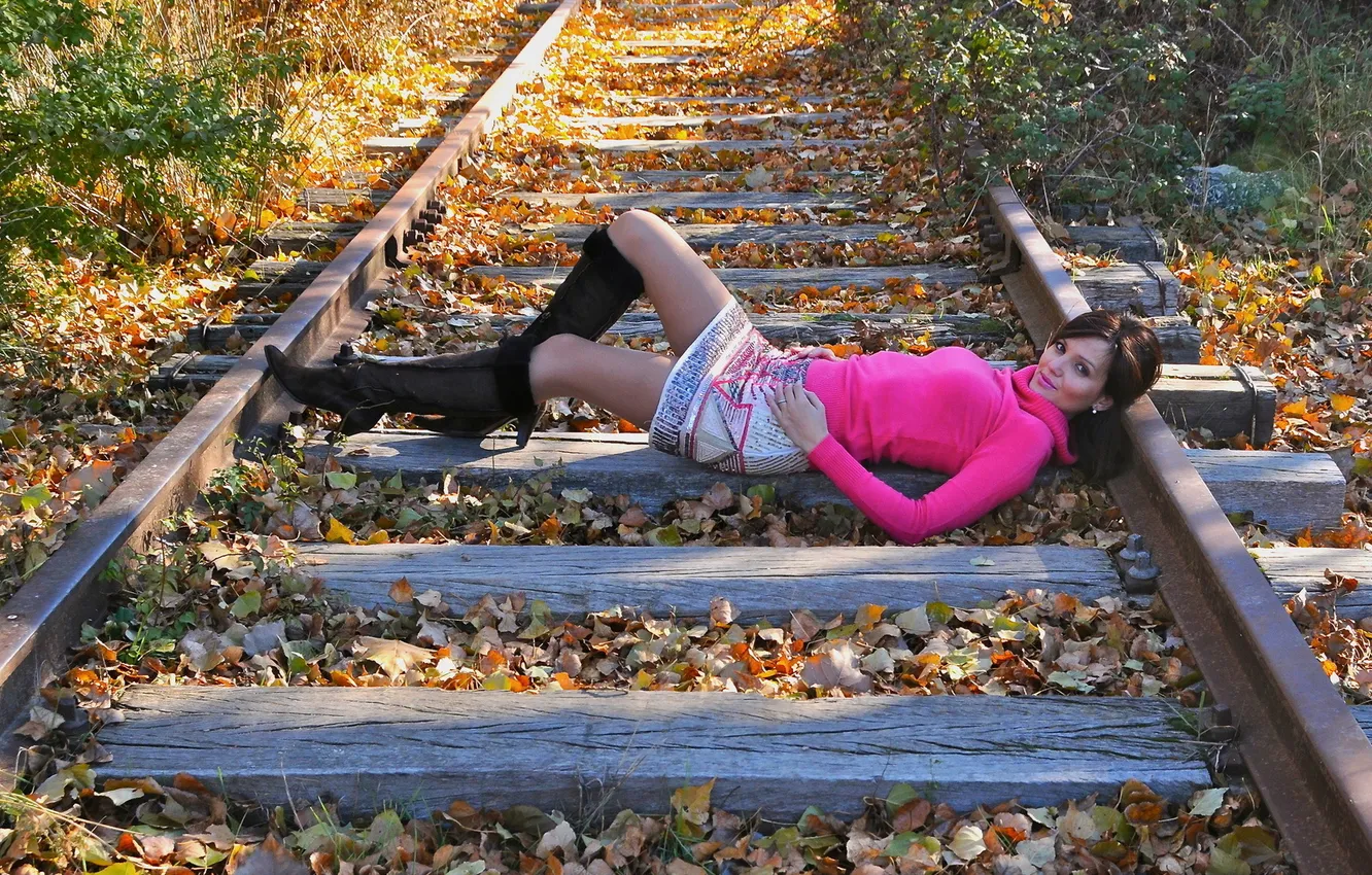 Photo wallpaper autumn, girl, railroad