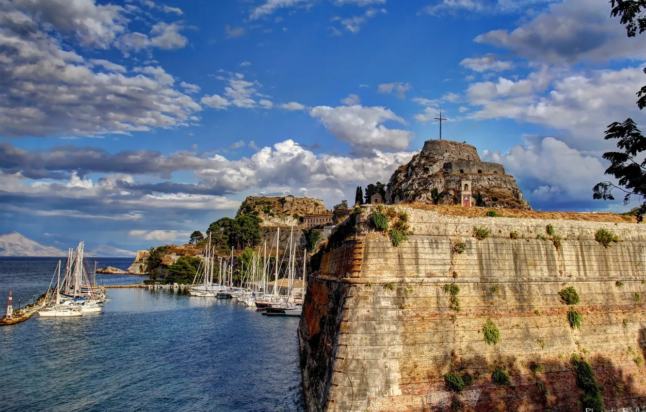 Photo wallpaper the sky, clouds, the city, photo, coast, Greece, Corfu