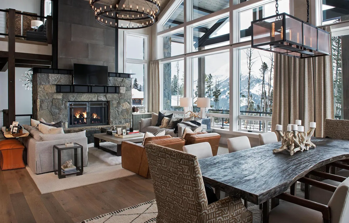 Photo wallpaper Villa, interior, fireplace, living room, dining room, Montana, Big Sky, Yellowstone Club