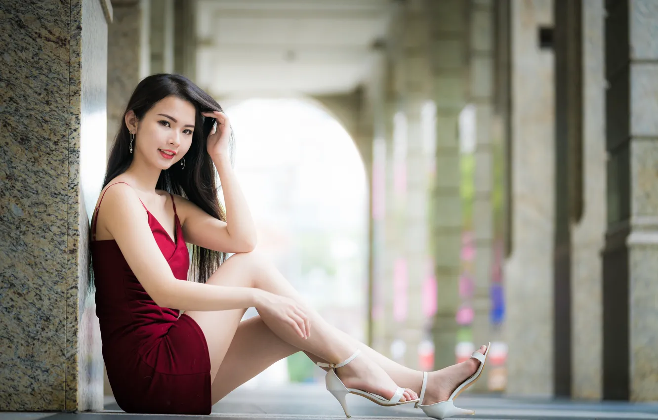 Photo wallpaper girl, dress, legs, Asian, sitting, cutie, bokeh