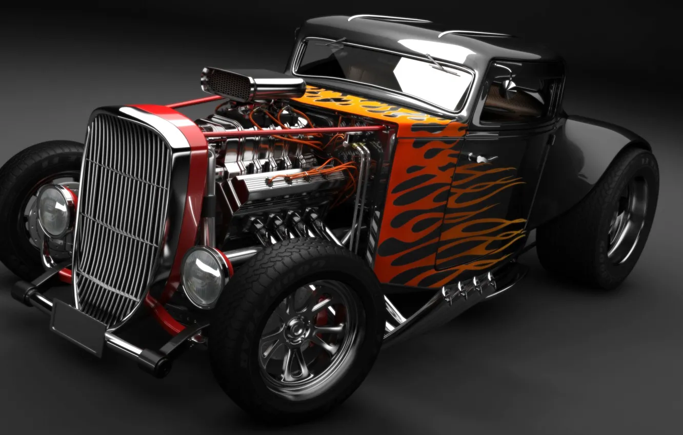 Photo wallpaper engine, fire, flame, Hot Rod, classic car