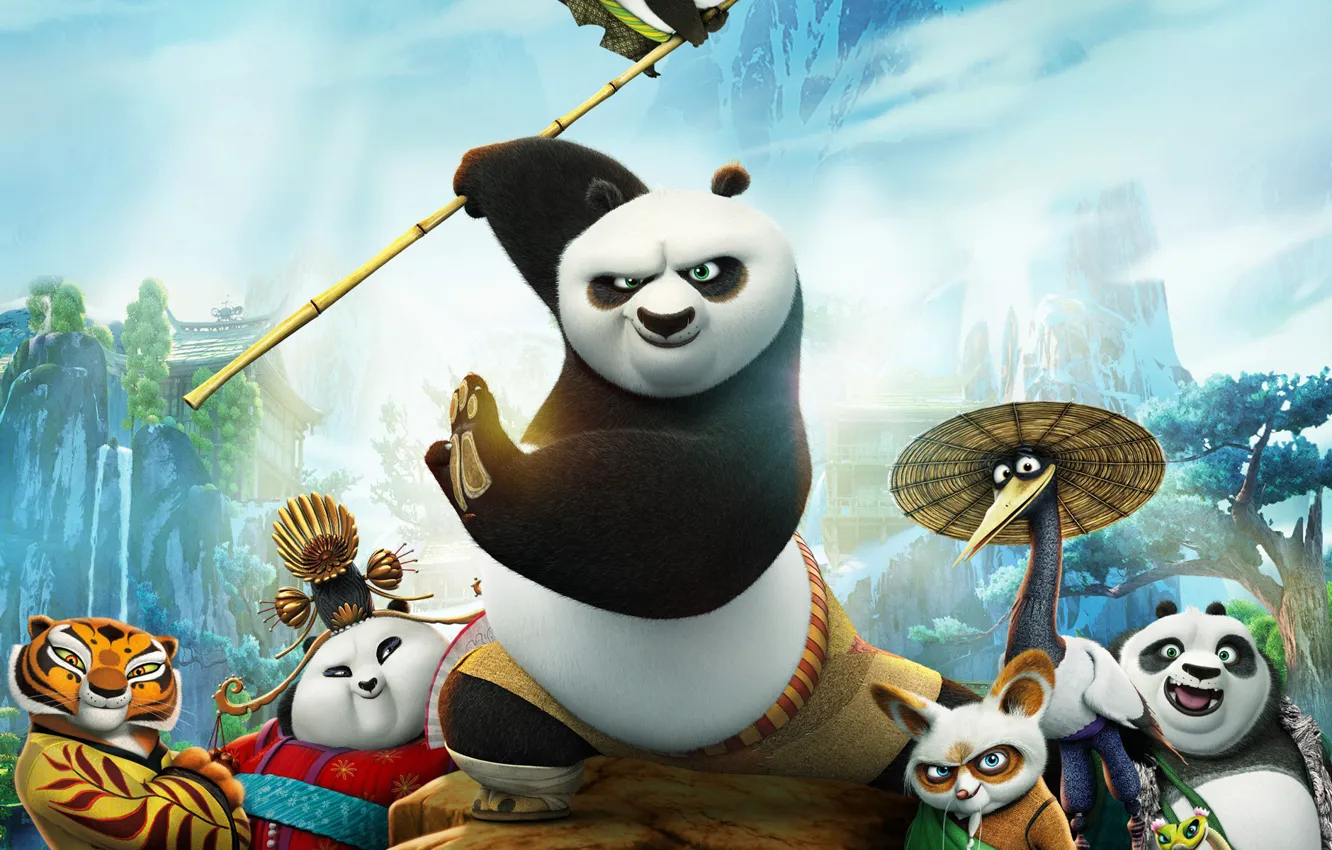 Photo wallpaper mountains, cartoon, village, Master, Panda, tigress, characters, Kung Fu Panda 3