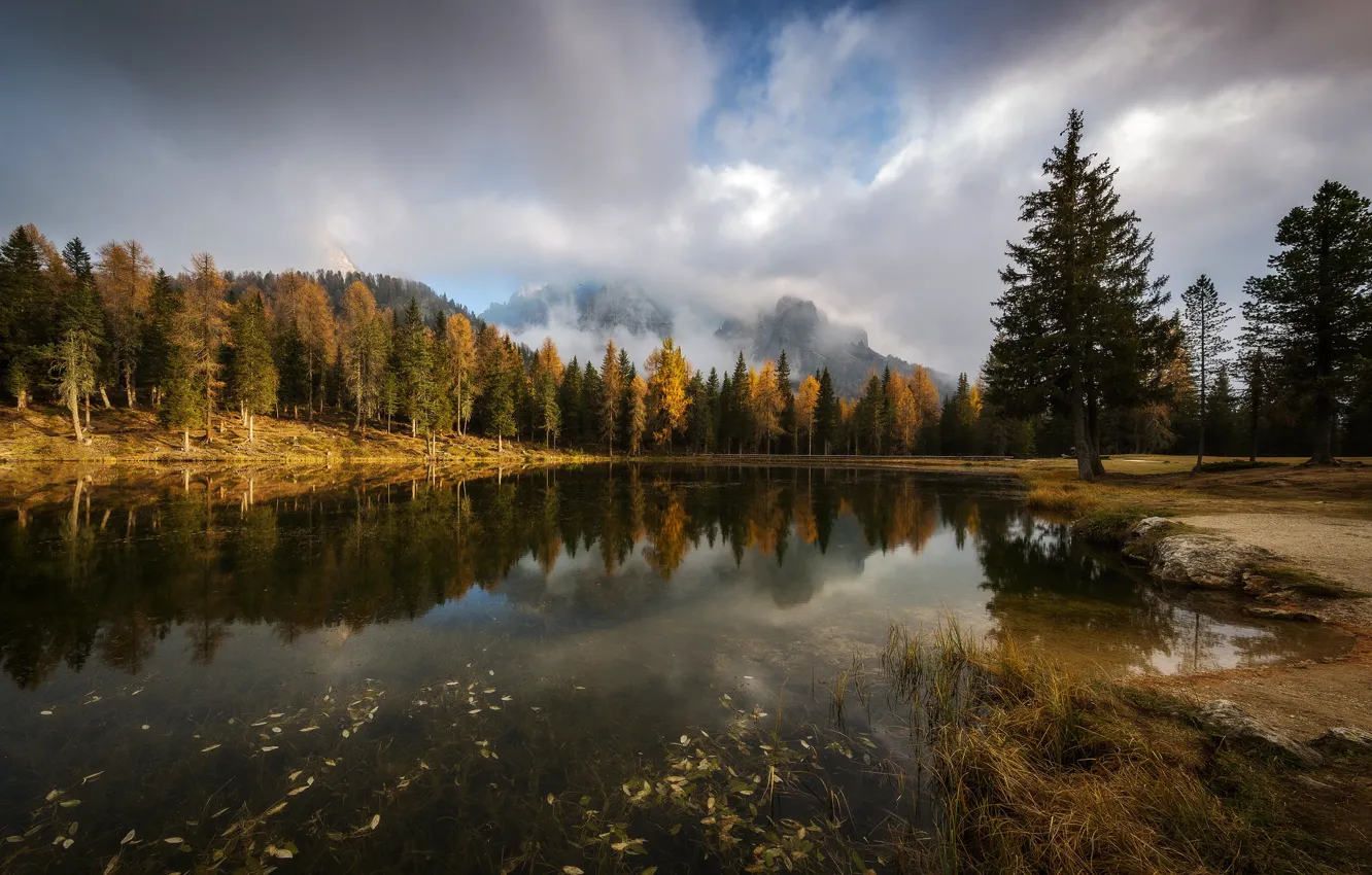 Photo wallpaper autumn, forest, clouds, mountains, nature, lake, reflection, shore