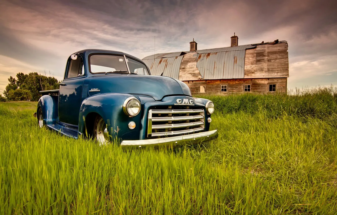 Photo wallpaper Grass, Blue, Green, Truck, Farm, Gmc