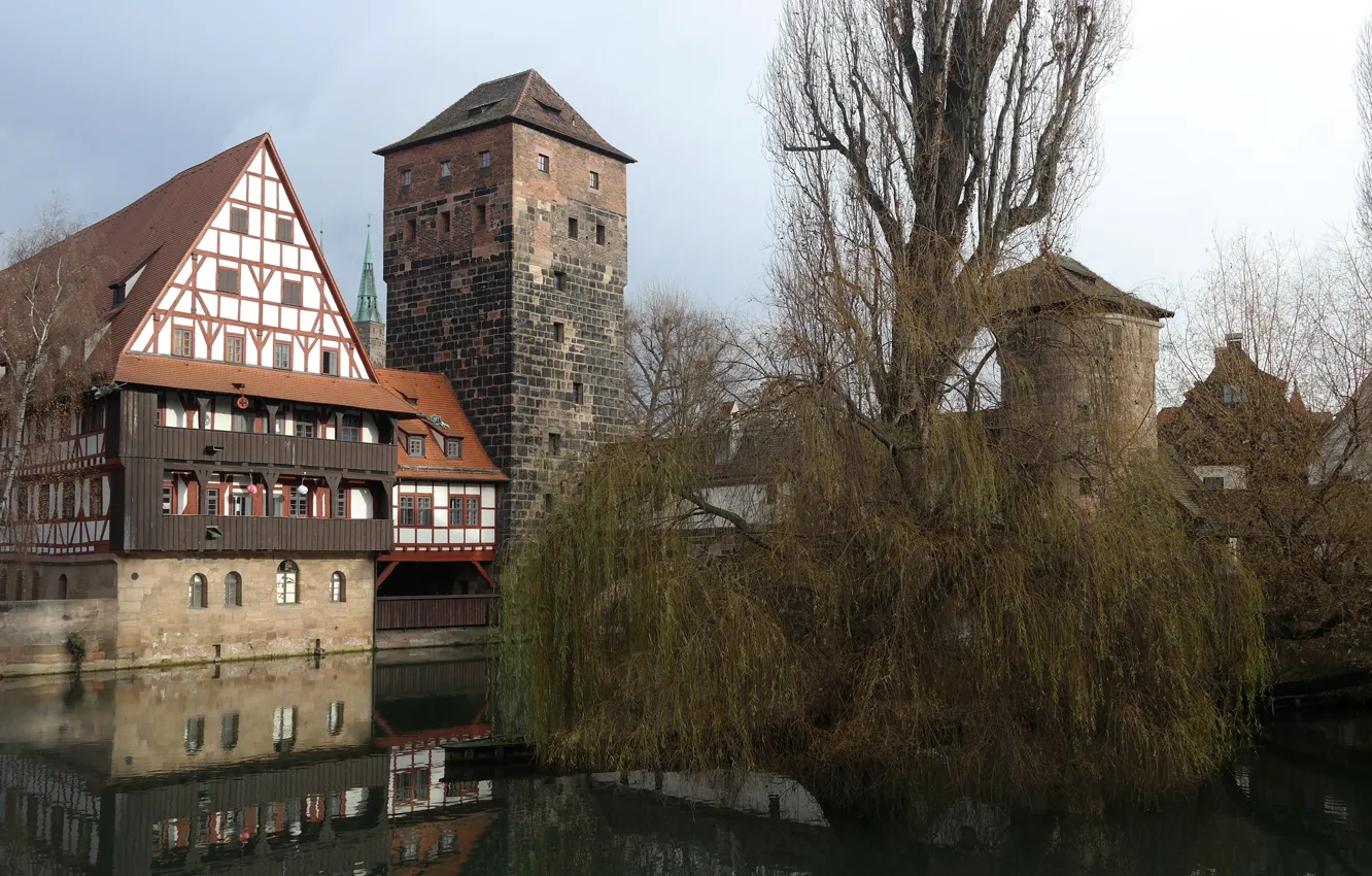 Photo wallpaper house, reflection, river, tower, Germany, Bayern, Nuremberg