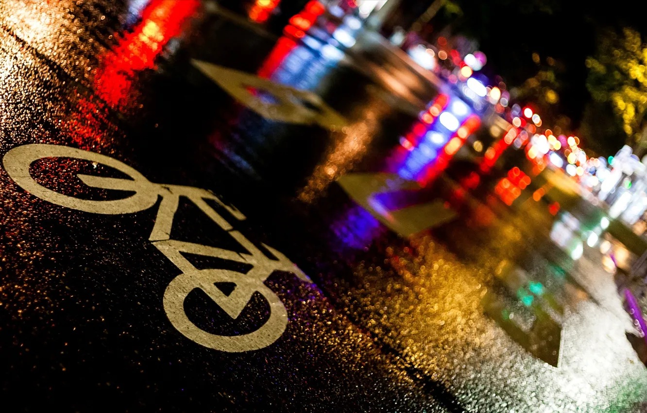 Photo wallpaper road, asphalt, night, bike, the city, lights, rain, sign