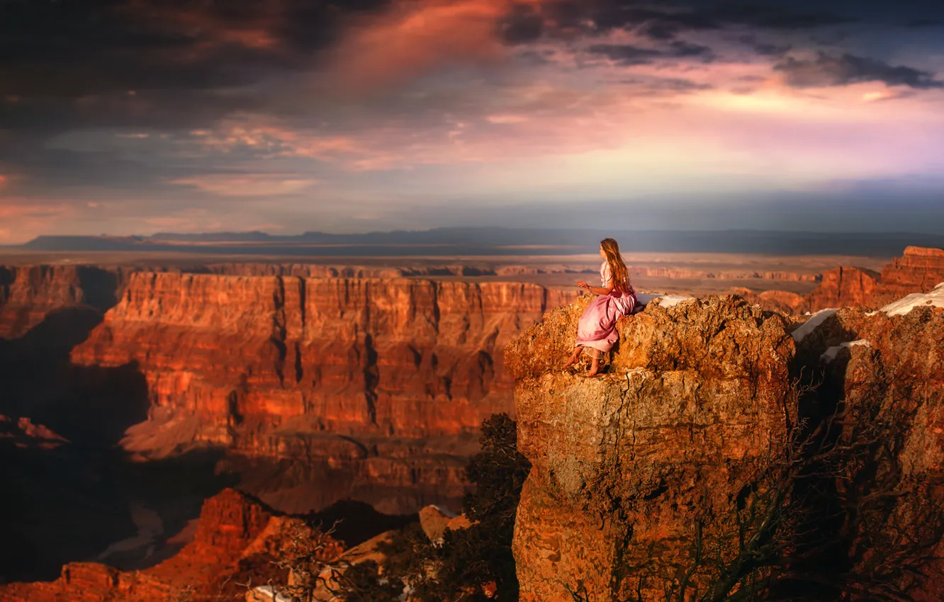 Photo wallpaper girl, view, height, dress, canyon, TJ Drysdale