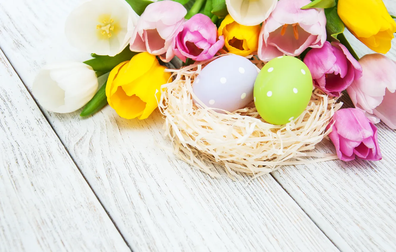 Photo wallpaper flowers, eggs, spring, colorful, Easter, tulips, happy, yellow