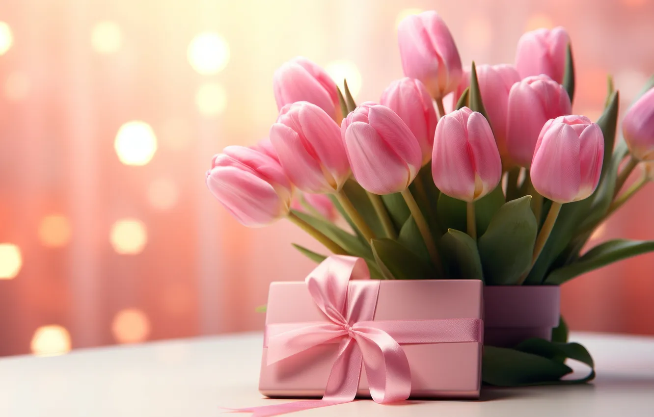 Photo wallpaper flowers, holiday, bouquet, spring, tulips, March 8, AI art, universal holiday background