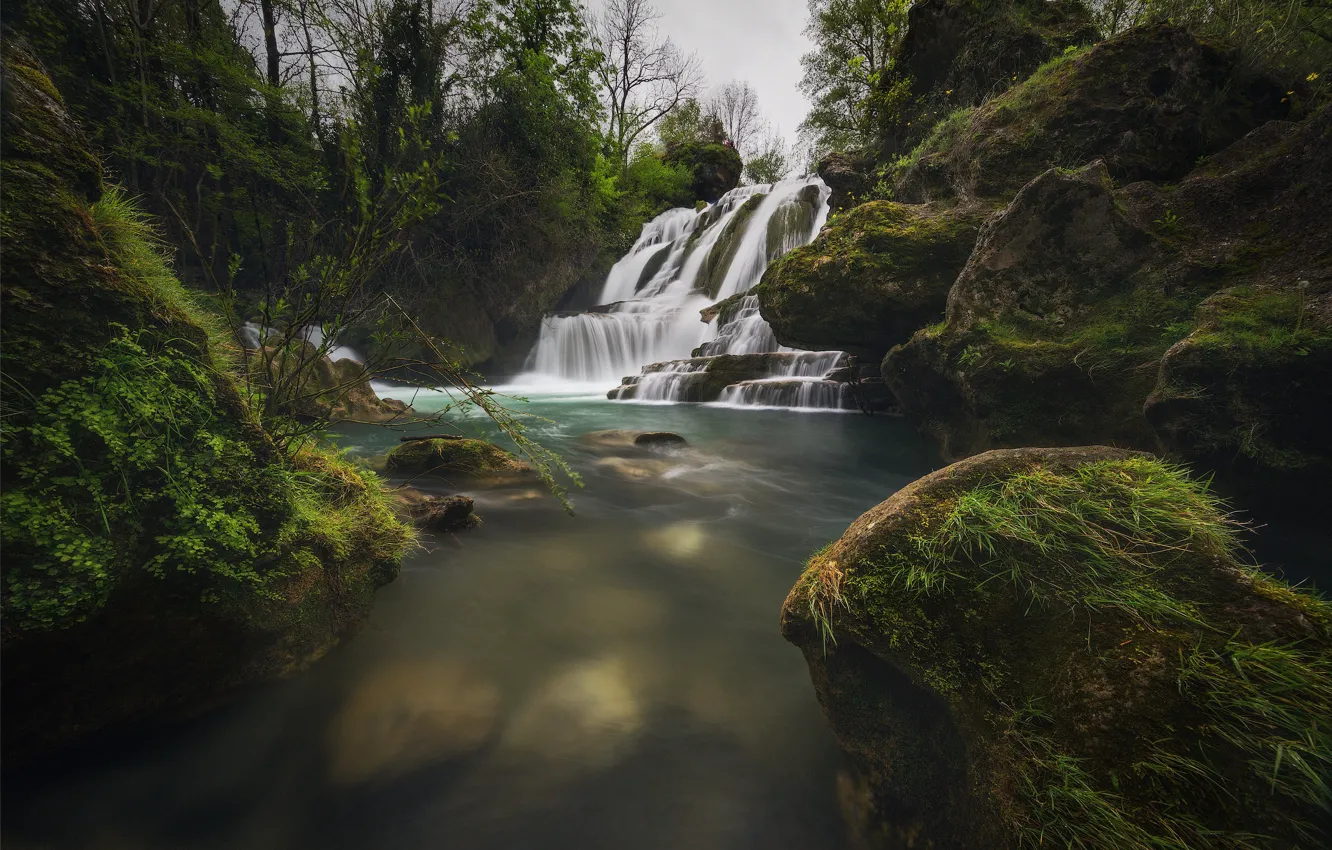 Photo wallpaper grass, stones, vegetation, waterfall, moss, stream