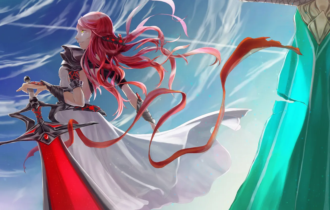 Photo wallpaper girl, smile, weapons, mood, sword, art, bigmouth