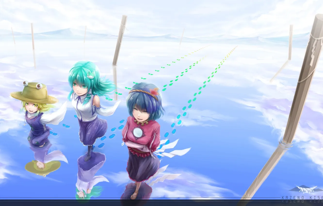 Photo wallpaper the sky, water, girl, clouds, mountains, traces, posts, art