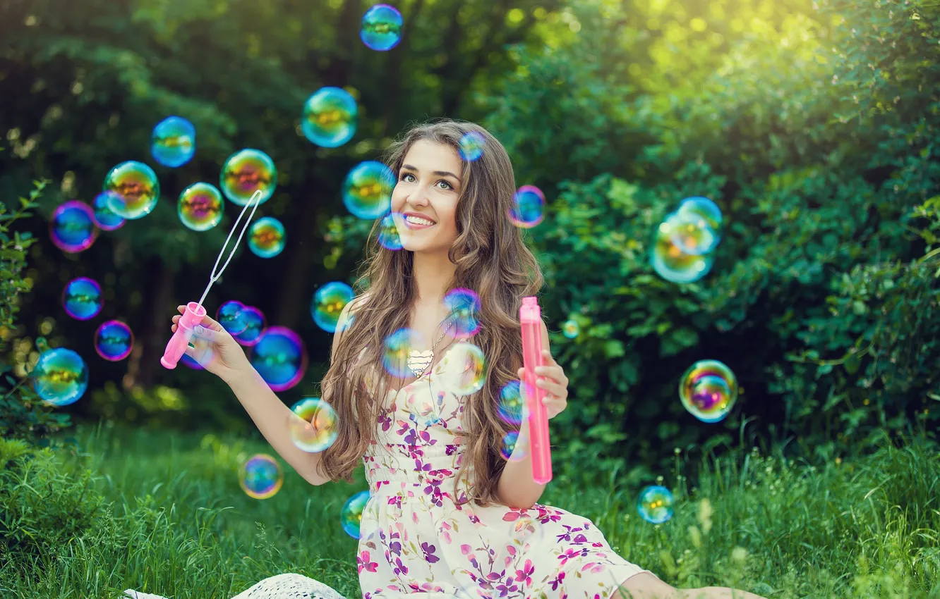 Photo wallpaper greens, girl, smile, bubbles, brown hair, long-haired