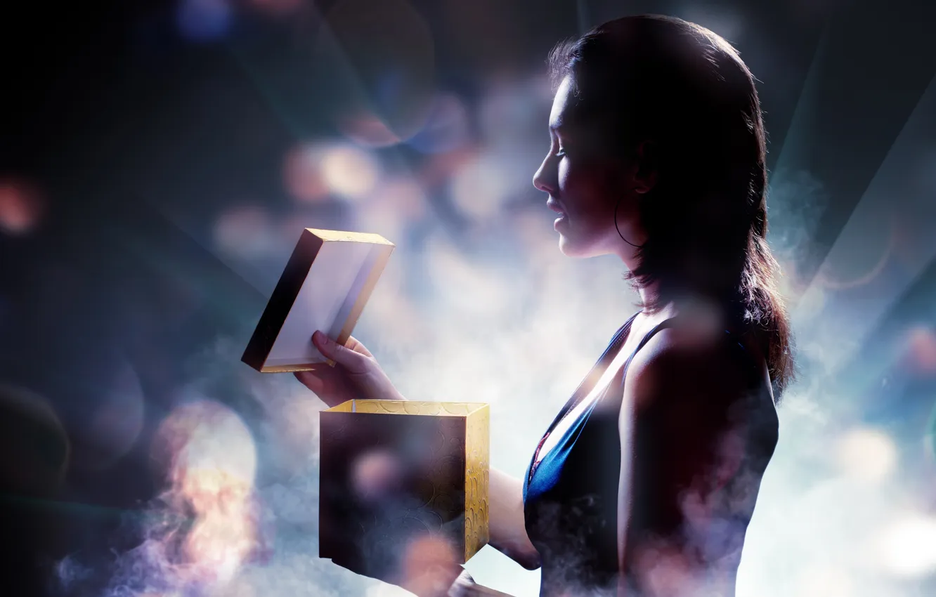Photo wallpaper girl, box, smoke, focus