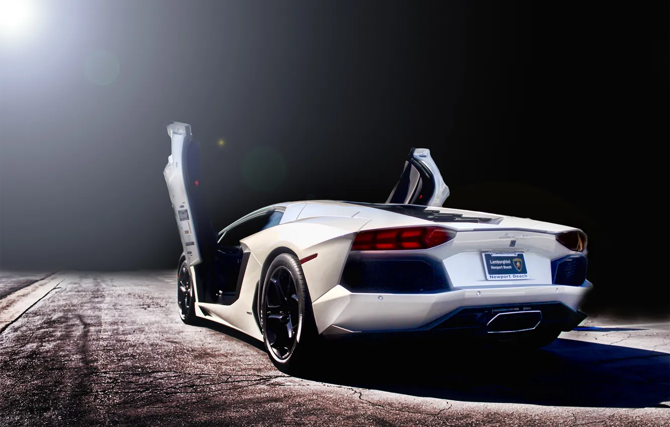 Photo wallpaper asphalt, cracked, glare, Lamborghini, silver, rear view, LP700-4, Aventador