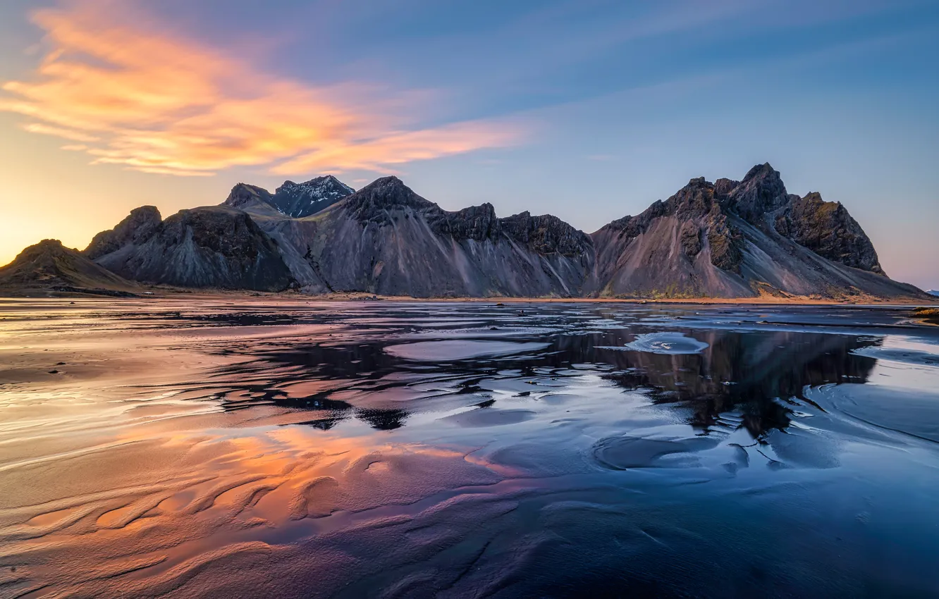 Photo wallpaper sunset, mountains, shore