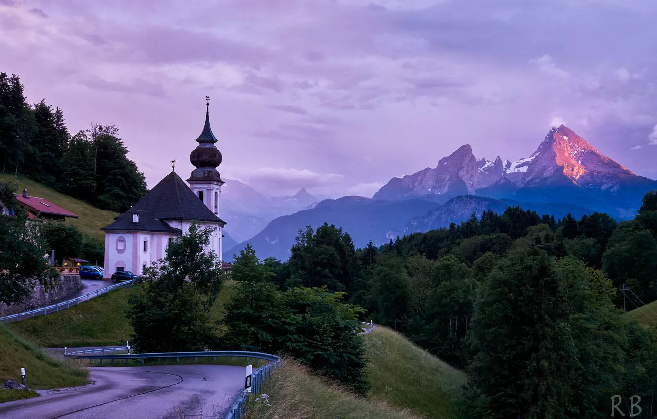 Photo wallpaper road, landscape, mountains, nature, dawn, morning, Germany, Bayern