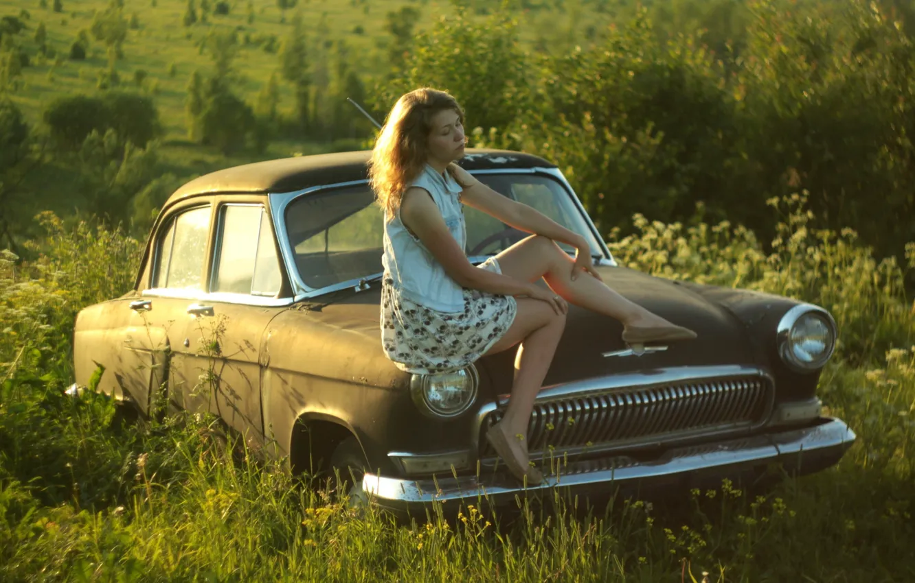 Photo wallpaper girl, nature, retro, background, mood, Wallpaper, USSR, car