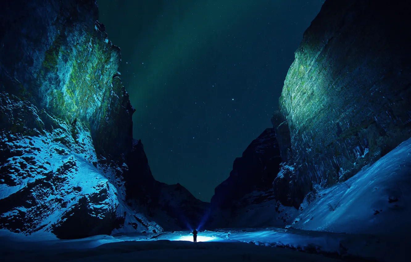 Photo wallpaper snow, mountains, night, ice, starry sky