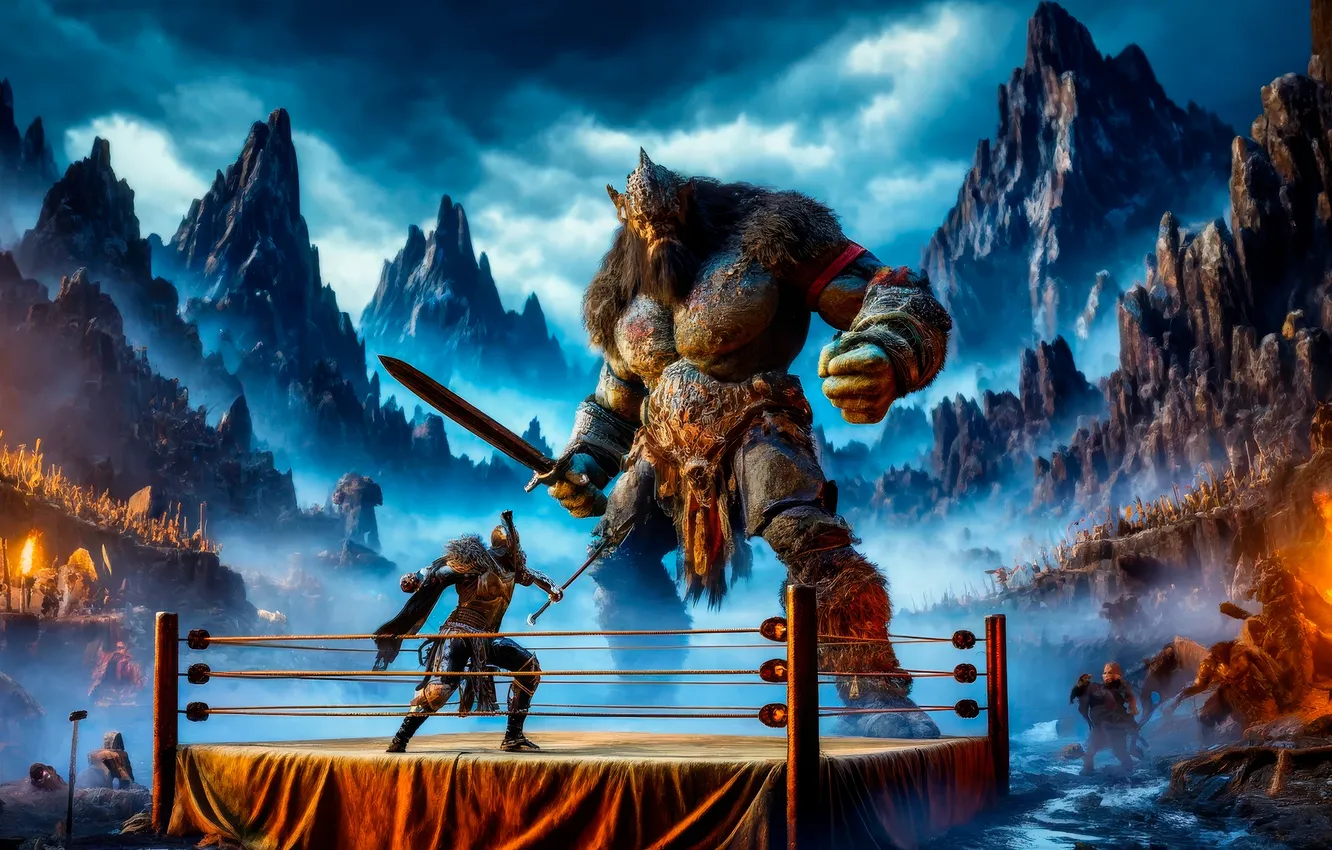 Photo wallpaper sword, mountains, rpg, fighting, knight, video games, arena, troll (Creature)