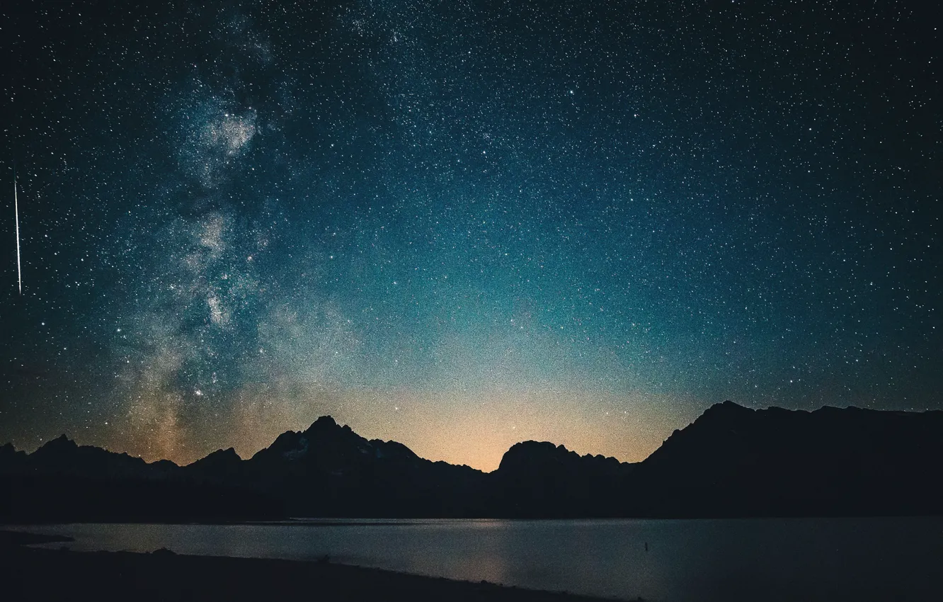 Photo wallpaper light, sky, night, mountains, lake, stars, hills, Milky Way