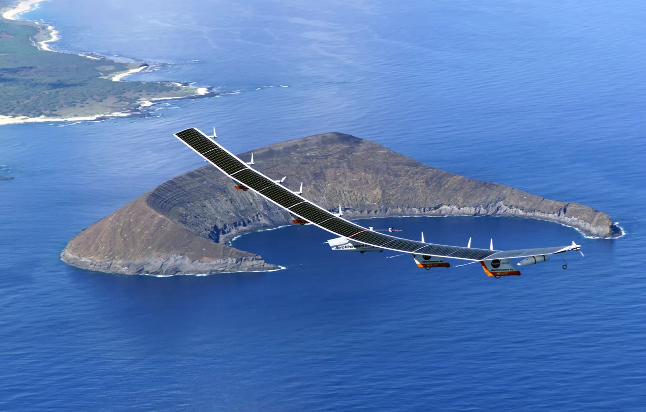 Photo wallpaper sea, mountains, Wallpaper, island, NASA, solar panels, aircraft, Pathfinder