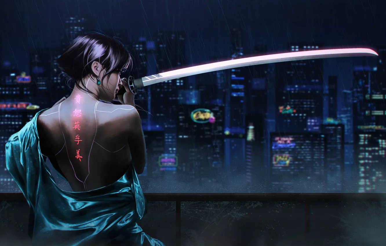 Photo wallpaper girl, weapons, rain, robot, sword, katana, skyscrapers, earrings