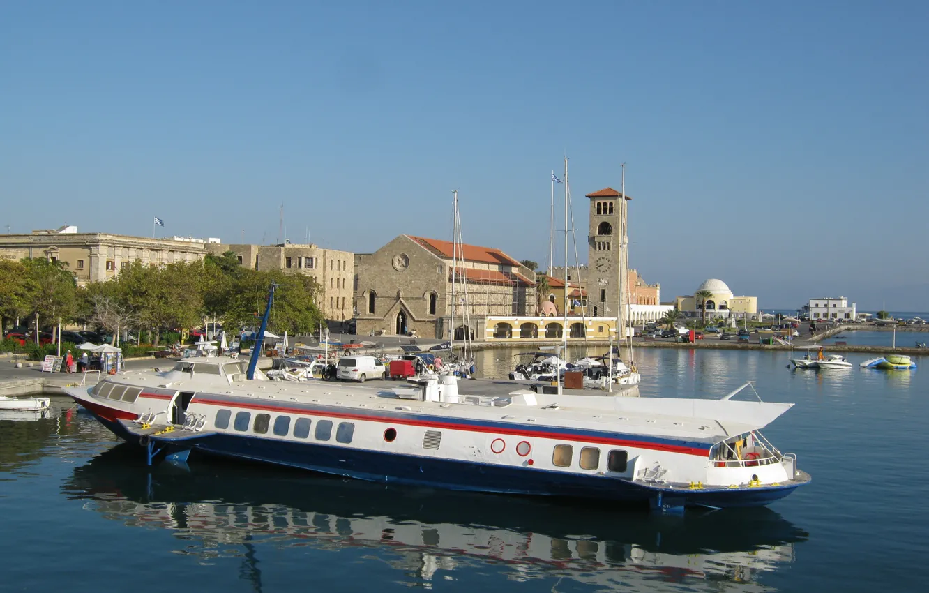 Photo wallpaper sea, the city, reflection, Greece, pier, port, boat, Rhodes