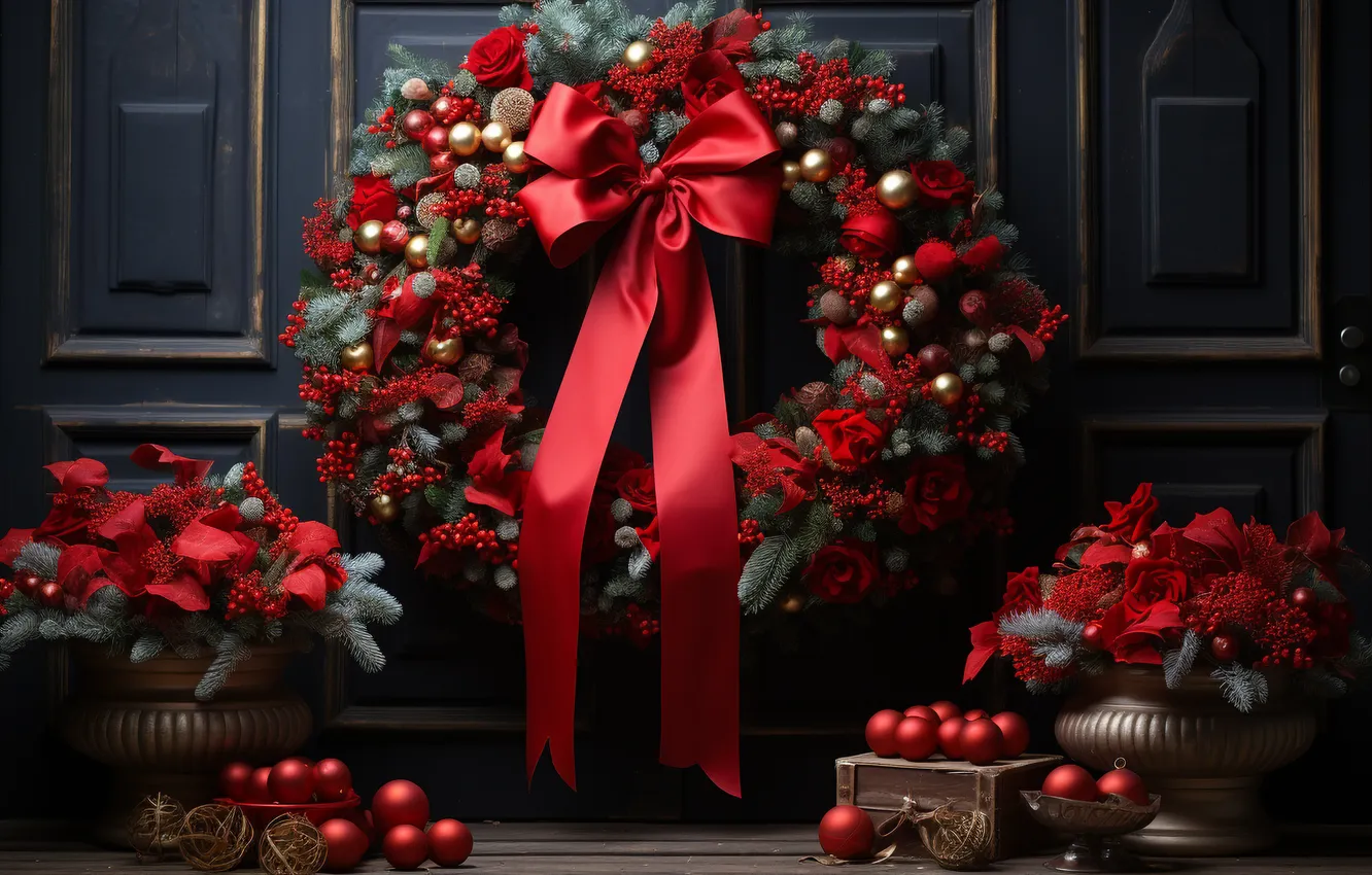 Photo wallpaper decoration, balls, new year, Christmas, red, Christmas, wreath, balls
