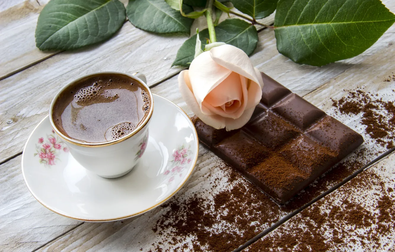 Photo wallpaper flowers, coffee, chocolate, roses