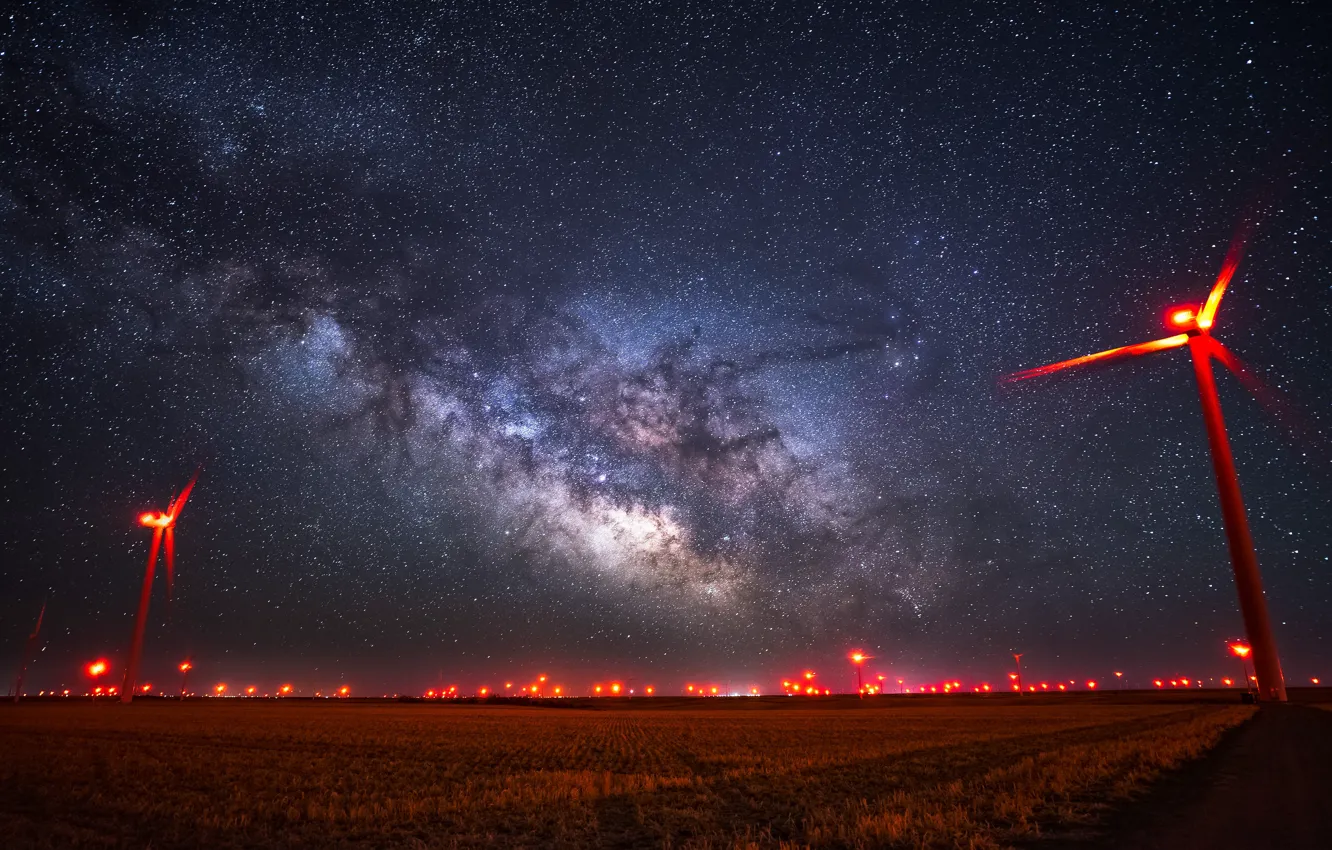 Photo wallpaper sky, field, landscape, night, stars, long exposure, wind turbine