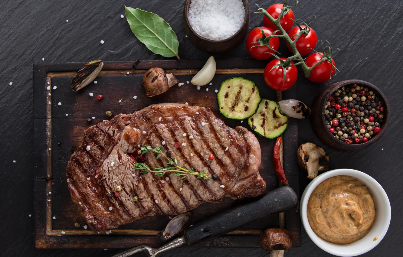 Photo wallpaper sauce, spices, salt, steak