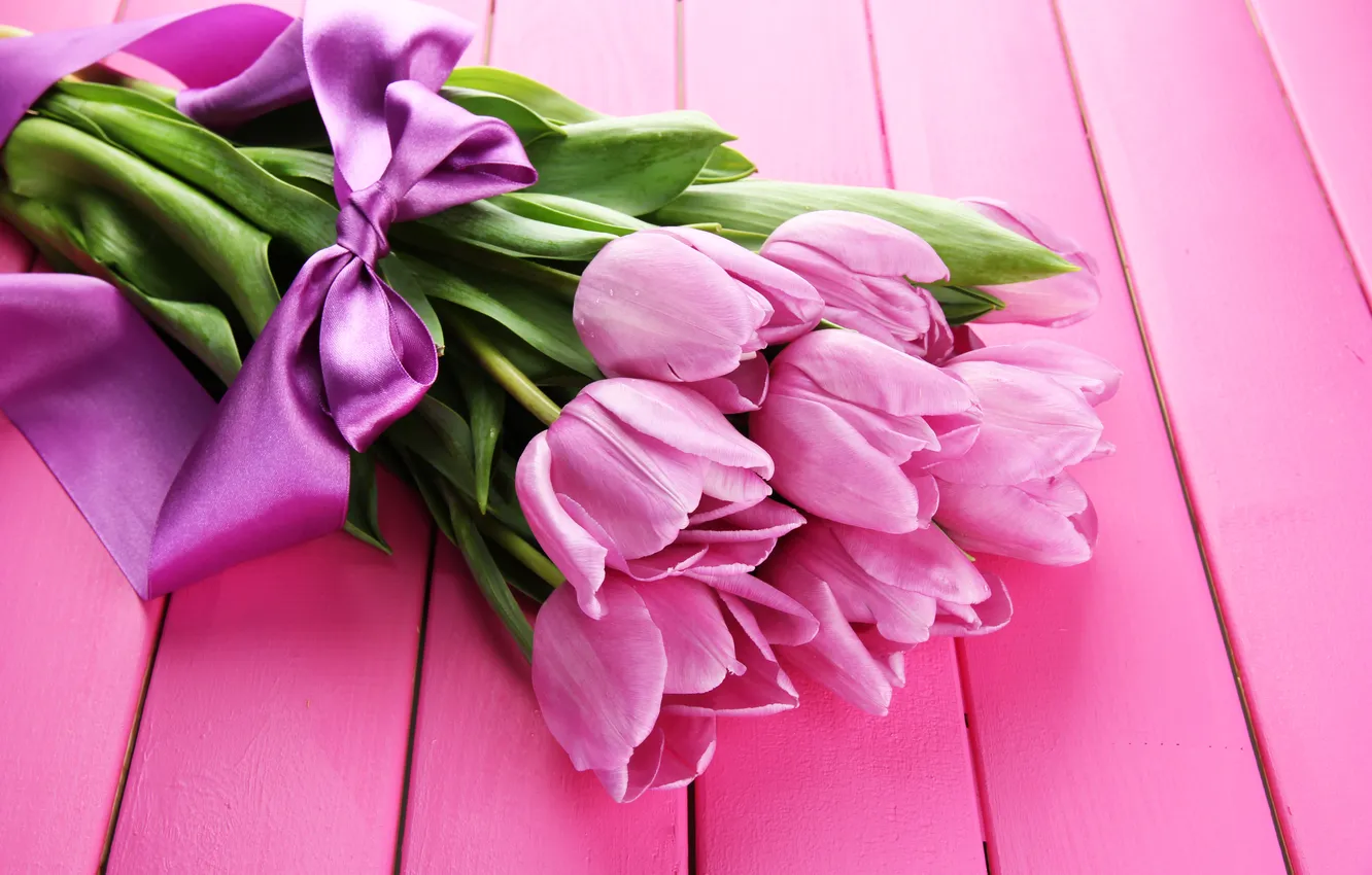 Photo wallpaper flowers, bouquet, tape, tulips, pink, wood, pink, flowers