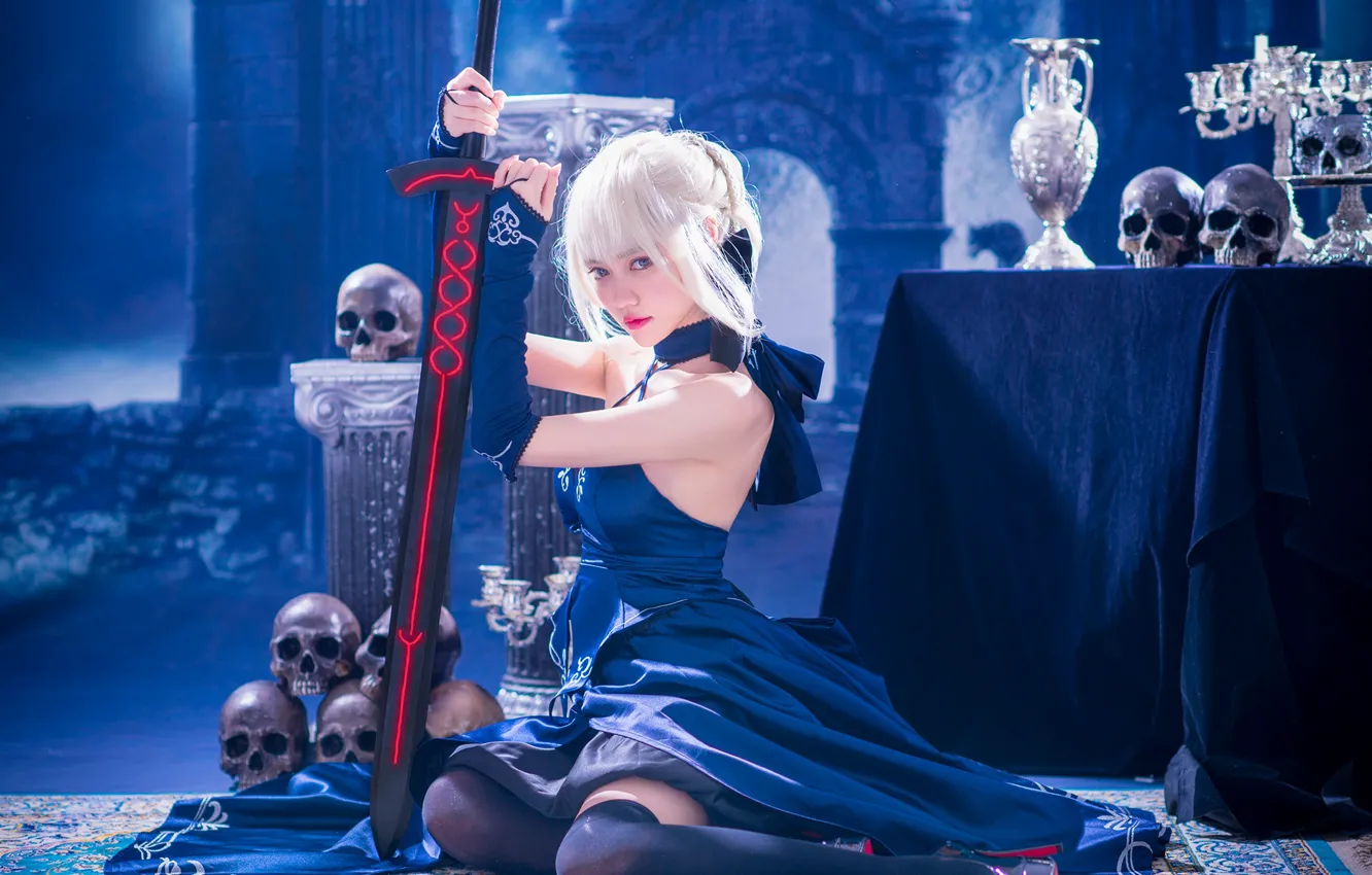 Photo wallpaper look, girl, blue, pose, weapons, table, background, castle