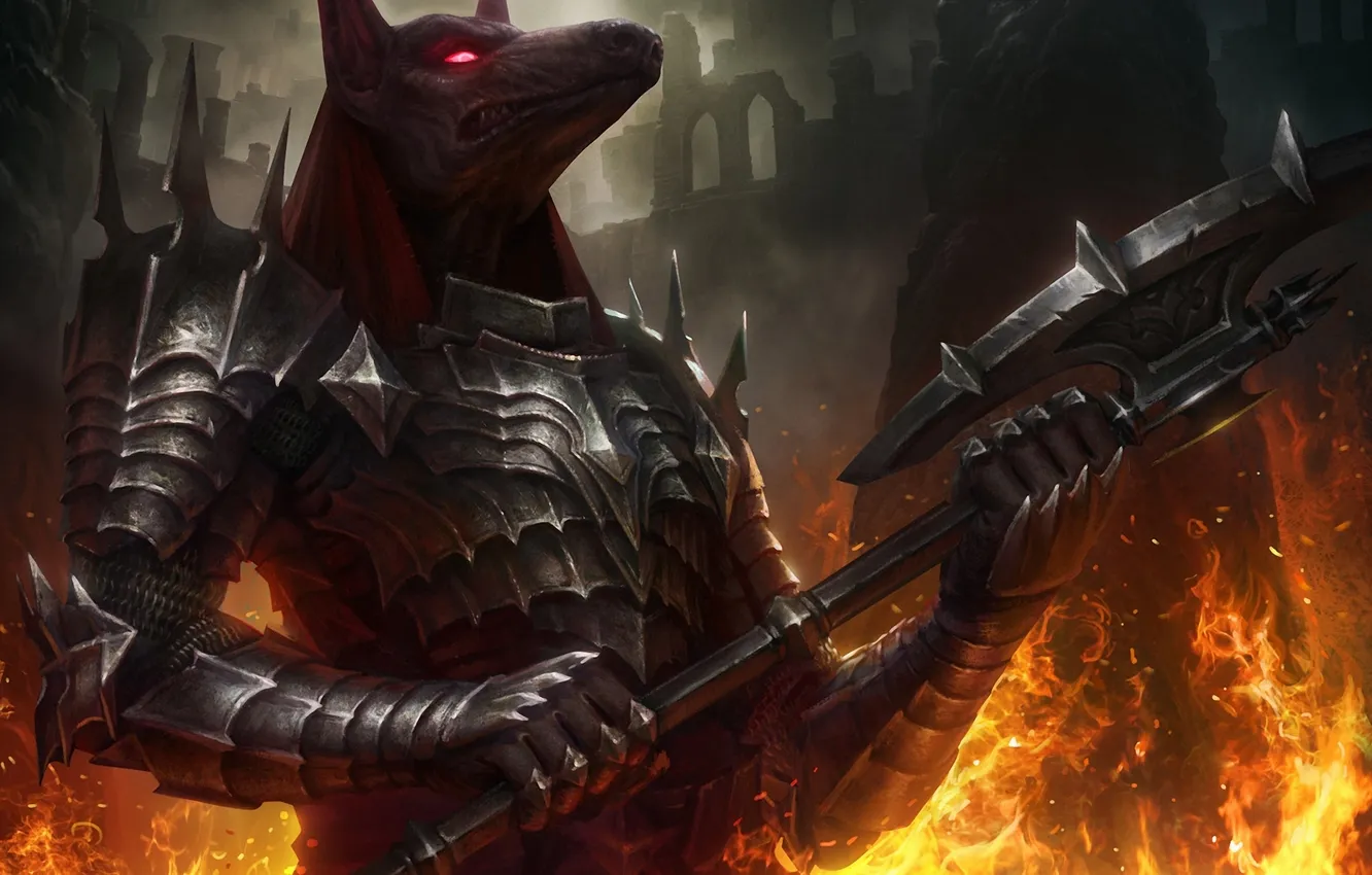 Photo wallpaper lights, weapons, armor, art, Egypt, deity, halberd, Jackal