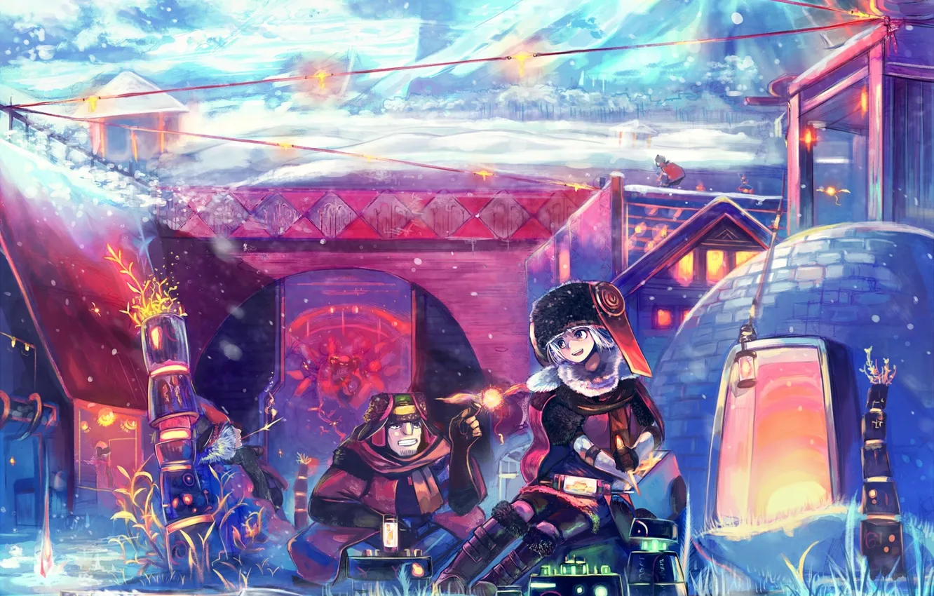 Photo wallpaper cold, winter, girl, snow, hat, people, anime, art