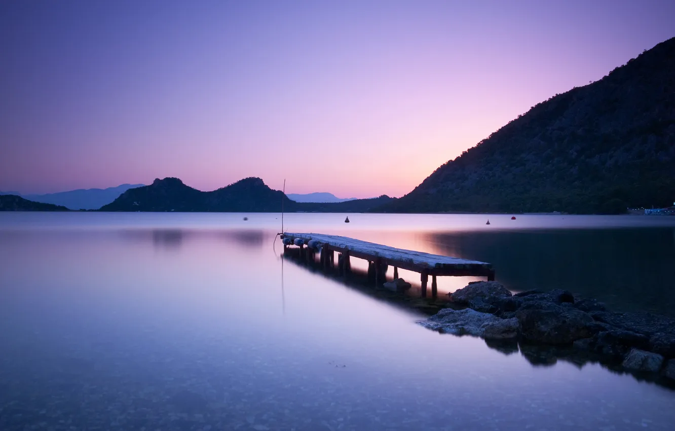 Photo wallpaper mountains, lake, dawn, the bridge, quiet
