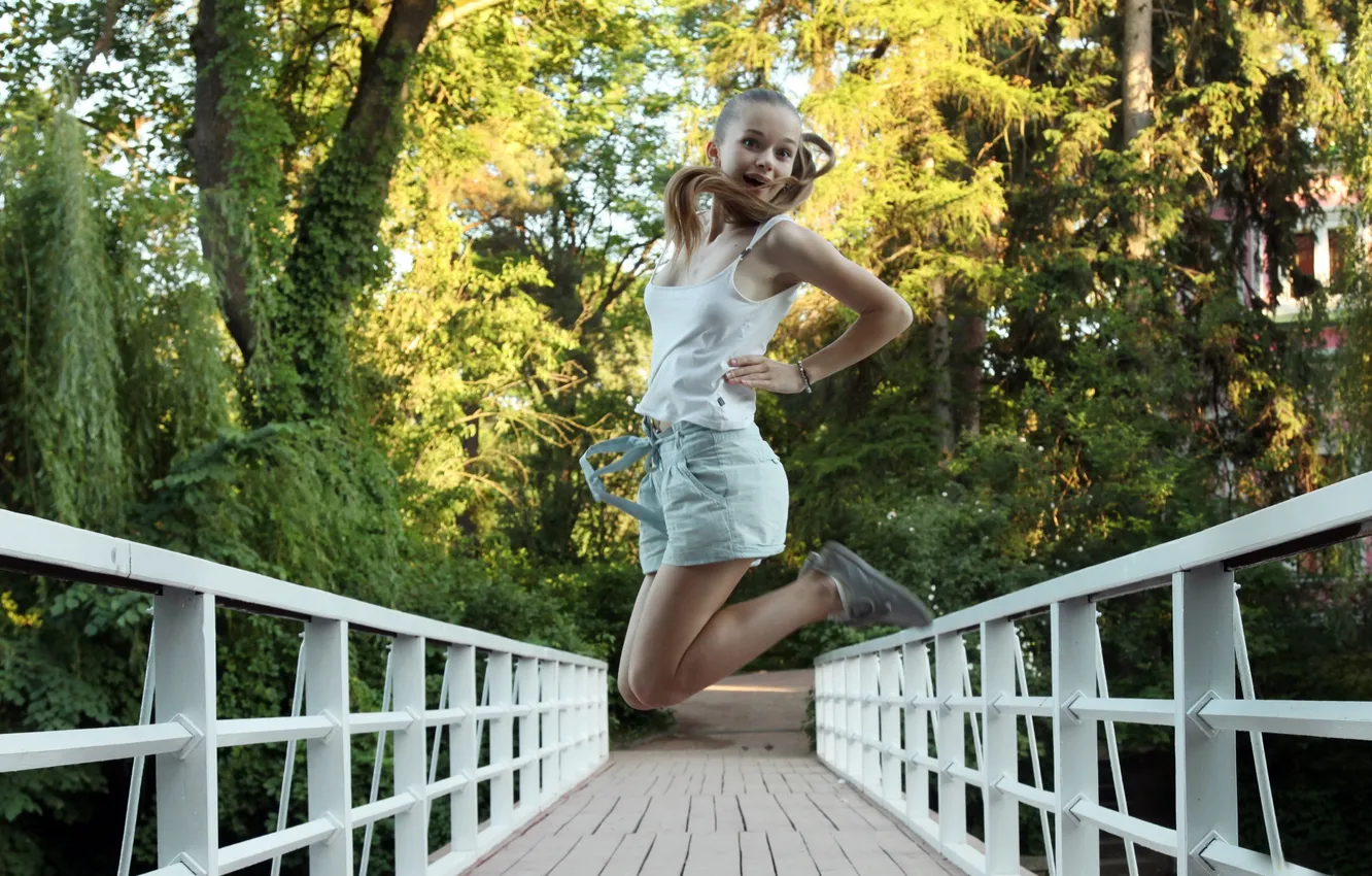 Photo wallpaper bridge, jump, girl, brown hair, PERILLA
