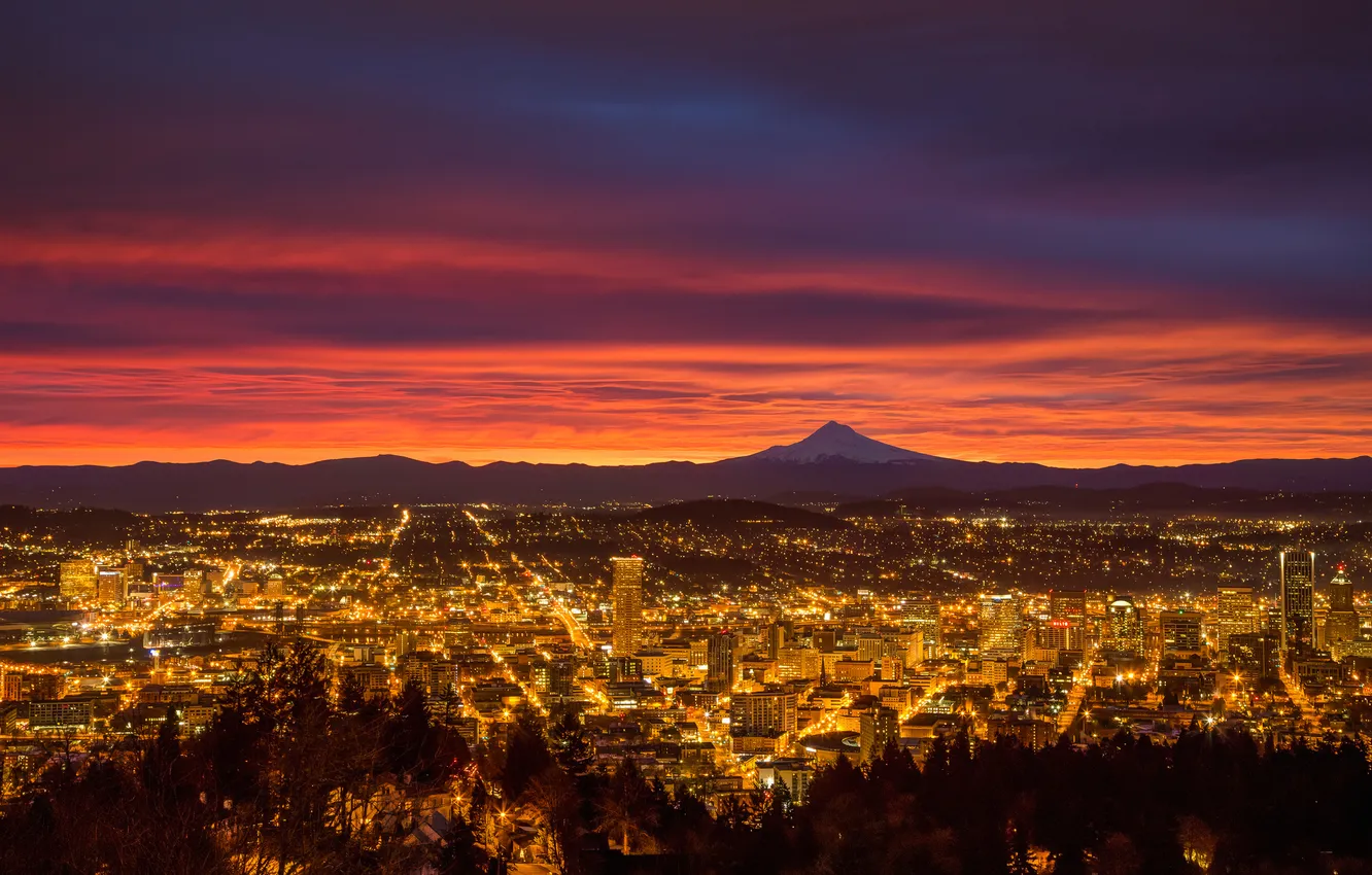 Photo wallpaper lights, sunrise, morning, Oregon, Portland, USA, dawn