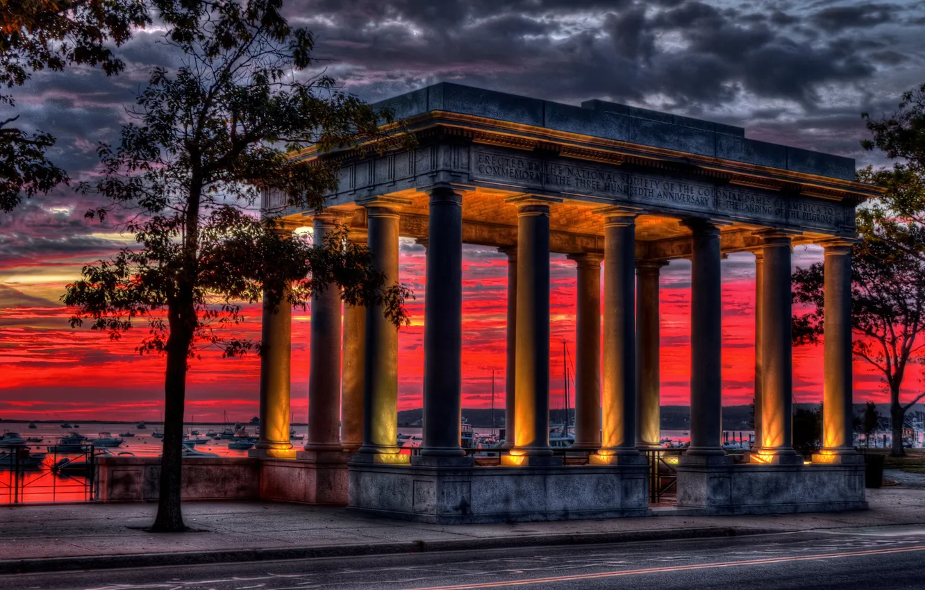 Photo wallpaper the sky, clouds, street, boat, glow, columns, harbour