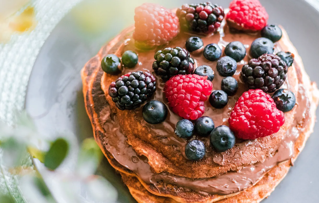 Photo wallpaper berries, raspberry, chocolate, blueberries, pancakes, cakes, BlackBerry, sweet