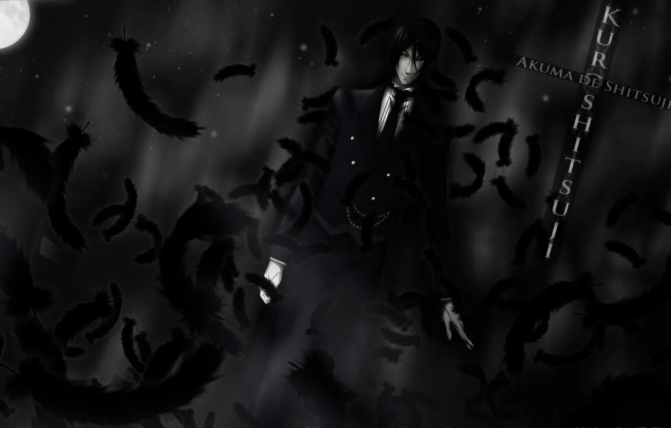 Photo wallpaper feathers, the demon, red eyes, kuroshitsuji, Sebastian Michaelis, black magic, the devil's Butler