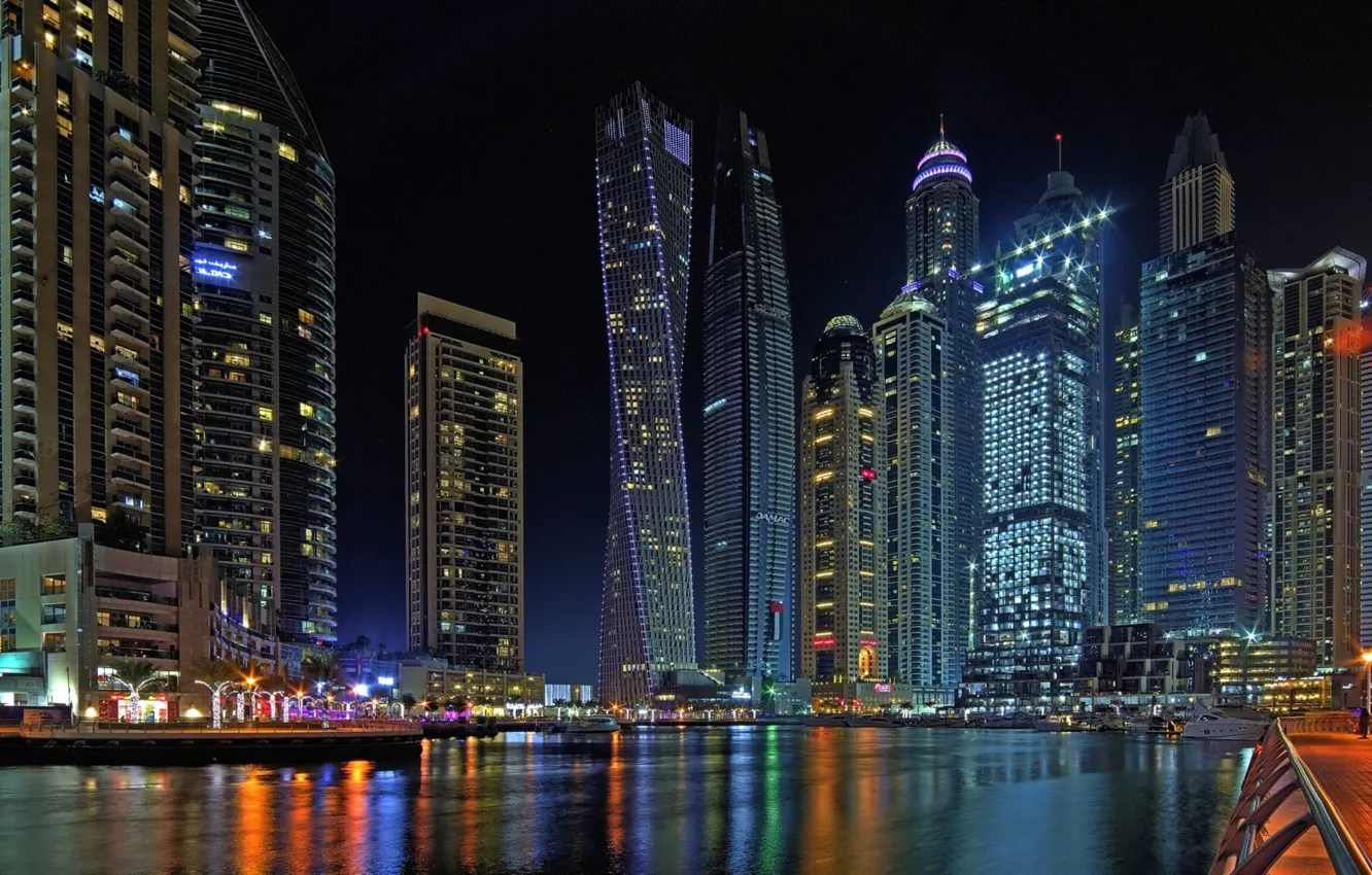 Photo wallpaper Bay, Dubai, night city, Dubai, skyscrapers, UAE, UAE, Dubai Marina