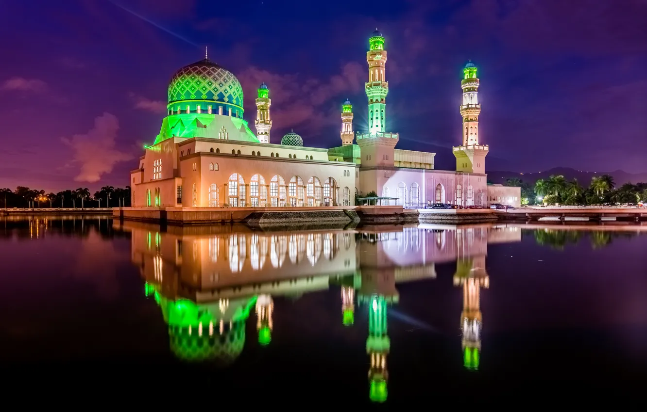 Photo wallpaper light, night, the city, reflection, mosque, Kota Kinabalu, Kota Kinabalu