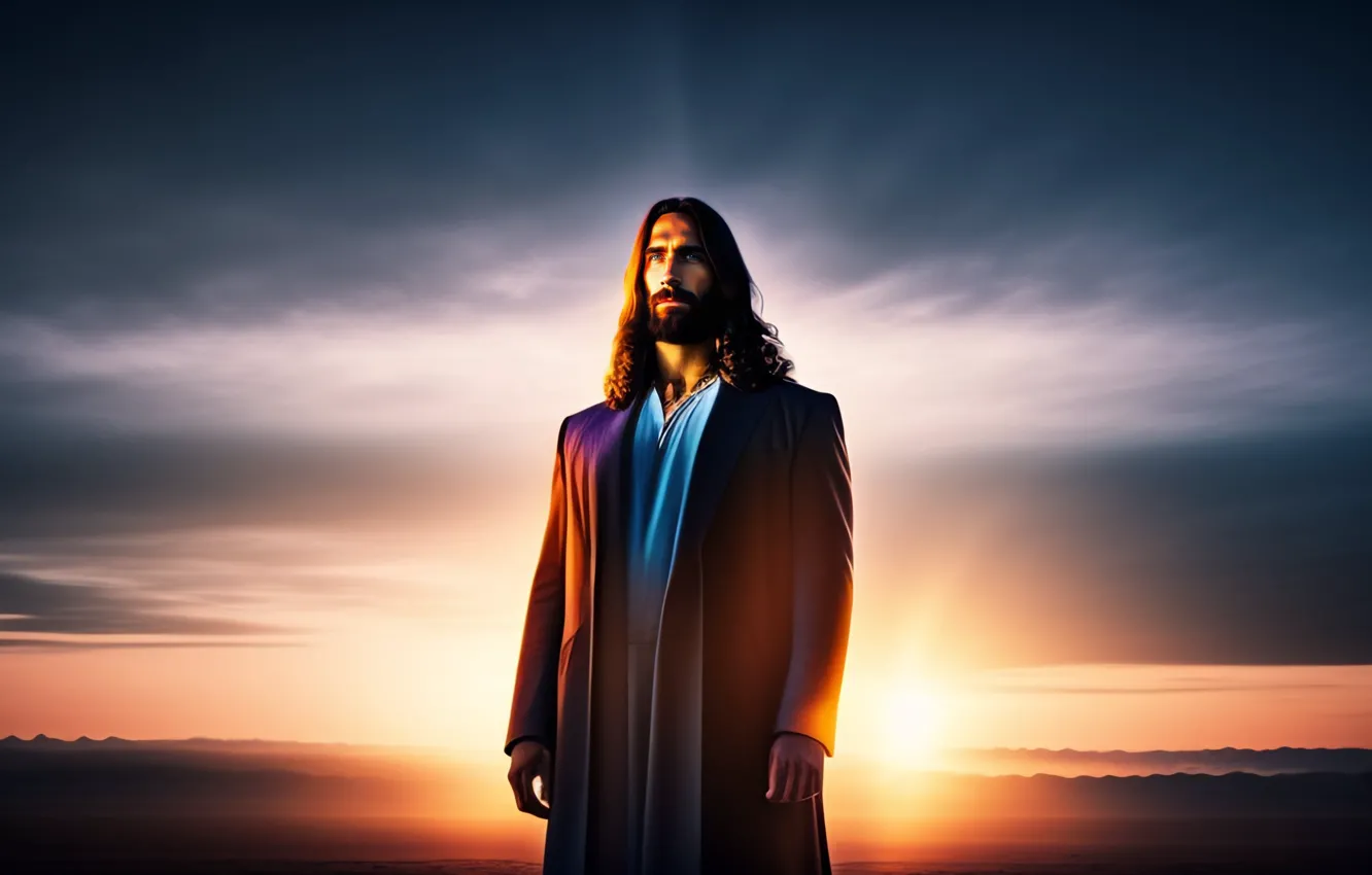 Photo wallpaper look, clouds, dawn, male, digital art, AI art, The Art of Artificial Intelligence, neural network